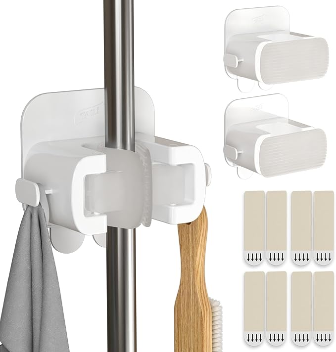TAILI Mop and Broom Holder Wall Mount Grippers, 3 Hangers and 8 Adhesive Strips, Damage Free Hanging Wall Mount, Household Cleaning Organizer for Organization and Storage, Holds up to 4 lbs, White