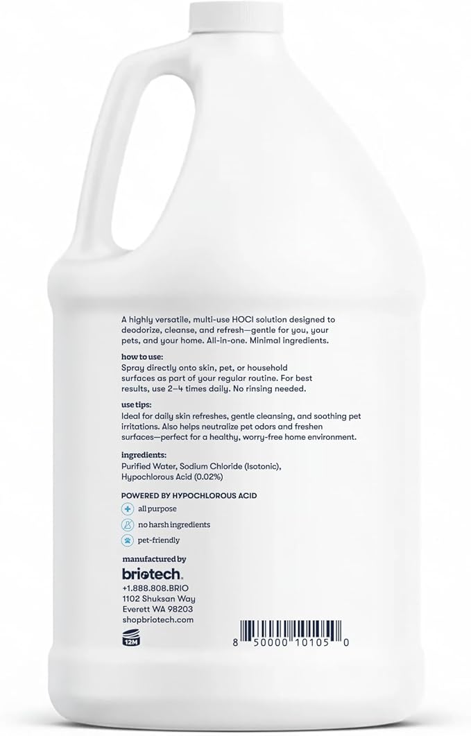 BRIOTECH Pure Hypochlorous Acid Cleanser, Original Premium HOCl Topical Solution, Multi-Purpose Cleaner, Family Approved & Pet Friendly, 1 Gallon Refill