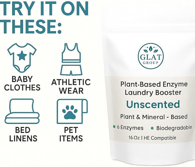 Enzyme Laundry Booster Powder - Unscented | Plant-Based, 6-Enzyme Blend for Maximum Stain & Odor Removal | Biodegradable, Boosts Detergent in All Water Temperature, HE Compatible, 16 Oz