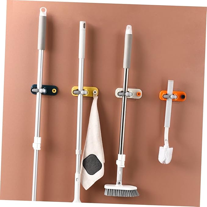 IMIKEYA 4pcs Toilet Bathroom Organizer Hook Rack Mop Broom Holder Wall-mounted Storage for Cleaning Tools