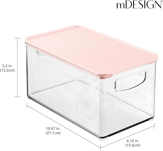 mDesign Deep Plastic Bathroom Storage Bin Box, Lid/Built-in Handles, Organization for Makeup, Hair Styling Tools, Toiletry Accessories in Cabinet, Shelves, Ligne Collection, 2 Pack, Clear/Pink