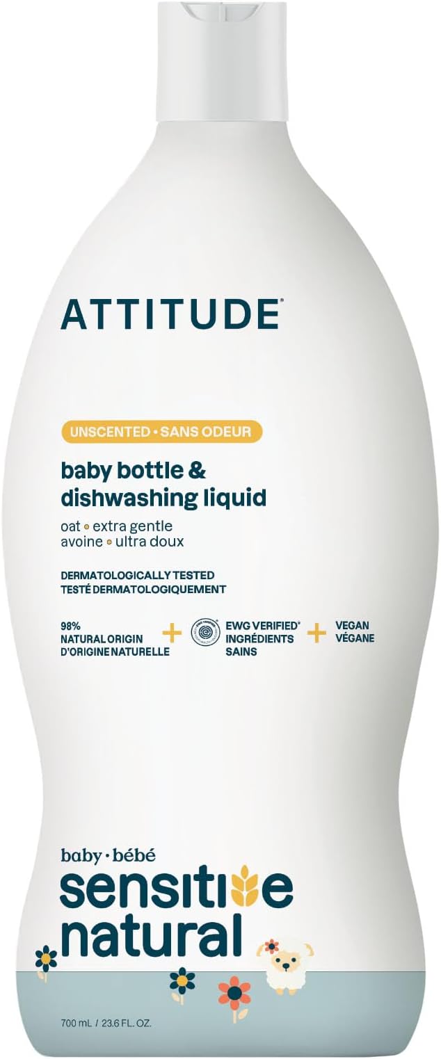 ATTITUDE Baby Dish Soap for Sensitive Skin with Oatmeal, Plant and Mineral-Based Ingredients, Vegan Household Products, Unscented, 23.6 Fl Oz