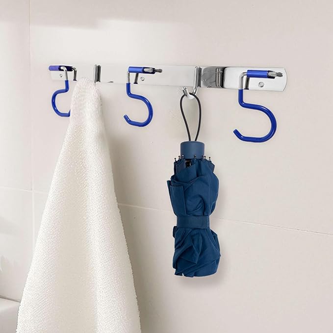 Stainless Steel Mop and Broom Holder Wall Mounted Storage Rack with 3 Mop Slots and 2 Multifunctional Hooks, Punch-Free Installation for Kitchen and Utility Room Organization
