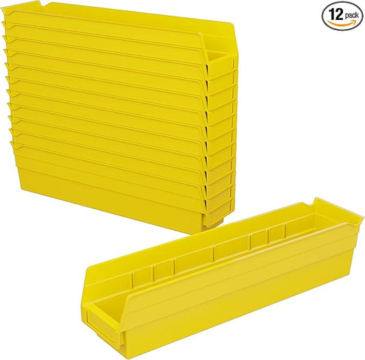 Akro-Mils 30128 Plastic Shelf Bins, Heavy Duty Storage Bins for Garage, Closet, and Drawer Organization, 18-Inch x 4-Inch x 4-Inch, Yellow, 12-Pack