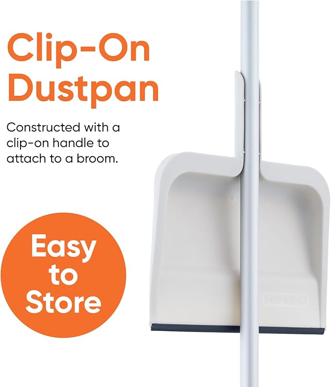 Superio Clip-On Dustpan with Rubber Lip - 10-inch Wide Durable Plastic Dust Pan with Comfort Grip Handle, White, 3-Pack