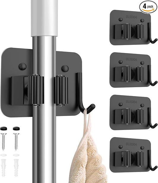 nacena Broom Holder Wall Mount, 4 Packs Black Stainless Steel Mop and Broom Hanger with Hooks Heavy Duty Broom and Mop Organizer Wall Hanging for Bathroom