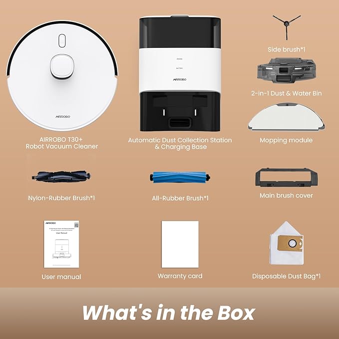 AIRROBO T30+ Robot Vacuum and Mop, 75-Day Self-Emptying, 12,000Pa Suction, Active Intelligent Obstacle Avoidance, Tangle-Free Brush, Carpet Avoidance, LiDAR Navigation, Smart Mapping, White