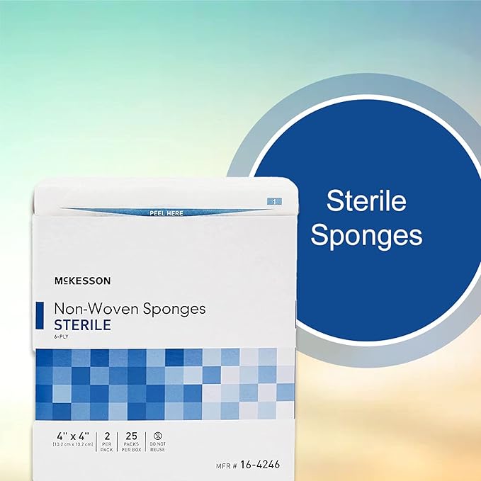 McKesson Non-Woven Sponges, Sterile, 6-Ply, Polyester/Rayon, 4 in x 4 in, 2 per Pack, 25 Packs, 50 Total