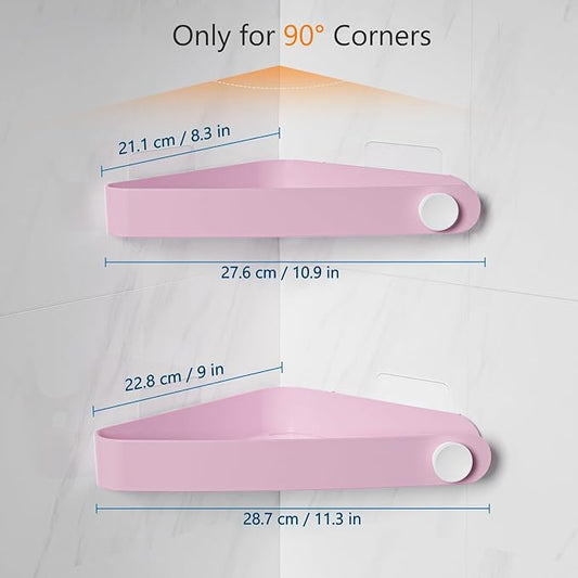 Sotfamily Plastic Shower Caddy Corner (For 90° Only), 2 Pack Adhesive Corner Shower Shelves for Bathroom Organizers and Storage, Pink