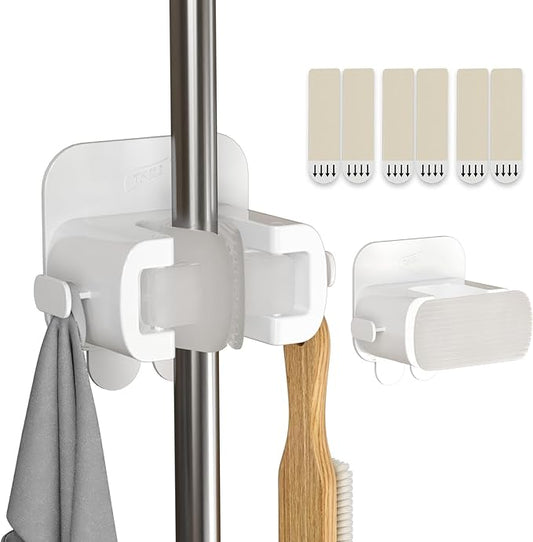 TAILI Mop and Broom Holder Wall Mount Grippers, 2 Hangers and 6 Adhesive Strips, Damage Free Hanging Wall Mount, Household Cleaning Organizer for Organization and Storage, Holds up to 4 lbs, White