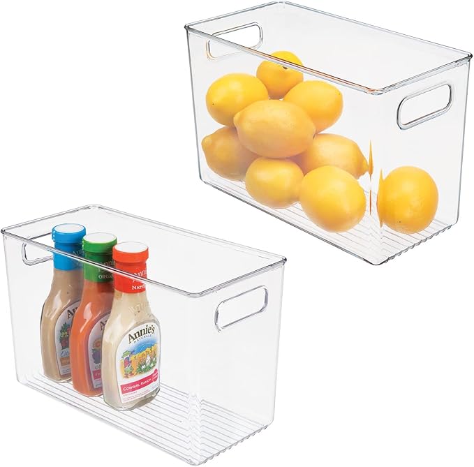 mDesign Plastic Modern Kitchen, Pantry Food Storage Container Bin w/ Handles - Cabinet, Fridge/Freezer, Countertop Organizer - Snacks/Drink/Appliances; Ligne Collection, Clear, 12x6x7.75 (Pack of 2)