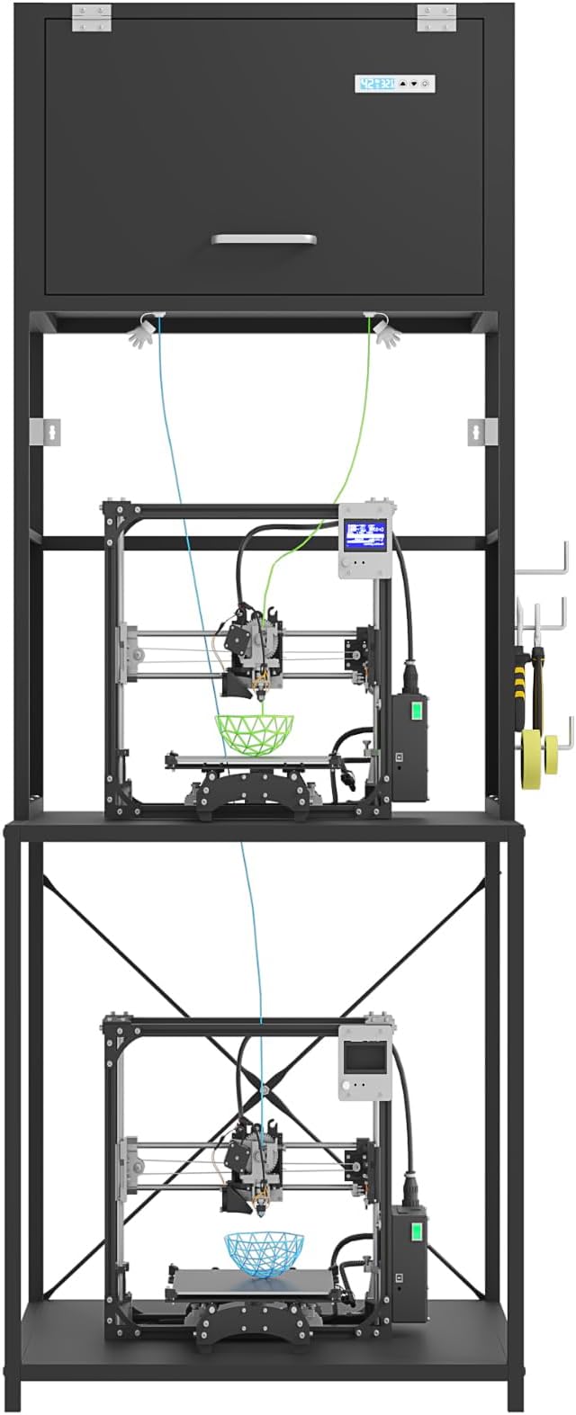 3D Printer Filament Storage Stand Rack with Dehumidifier| 3-Tier All-in-One Organizer with Tool Mounts, Dual Spool Holders | Compatible with Most 3D Printers (100LBlack)