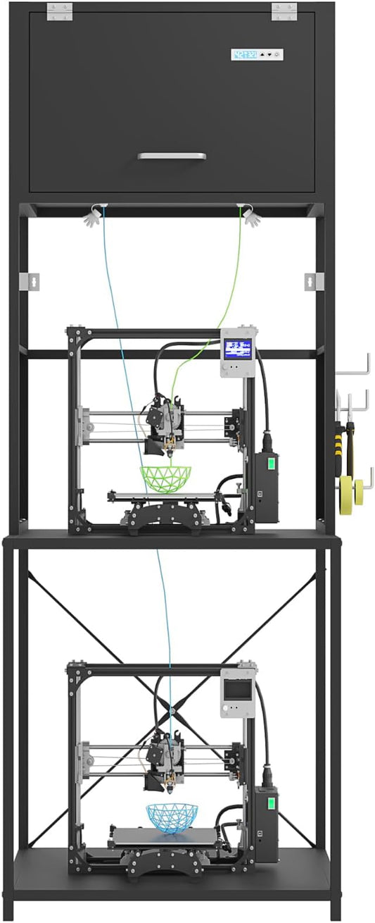 3D Printer Filament Storage Stand Rack with Dehumidifier| 3-Tier All-in-One Organizer with Tool Mounts, Dual Spool Holders | Compatible with Most 3D Printers (100LBlack)