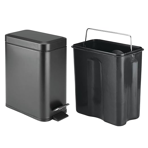 mDesign Metal Freestanding Slim Toilet Bowl Brush and Holder + Rectangle Narrow 5 Liter / 1.3 Gallon Step Pedal Trash Can Wastebasket for Bathroom - Small, Compact Design - Set of 2 - Black