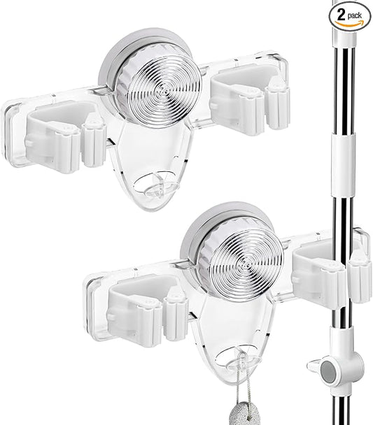 2 Pack Broom Holder Mop Hanger - Strong Suction Cup - No Drill Removable Broom Organizer Rack Wall Mount with Hooks for Bathroom Kitchen Garage, Clear