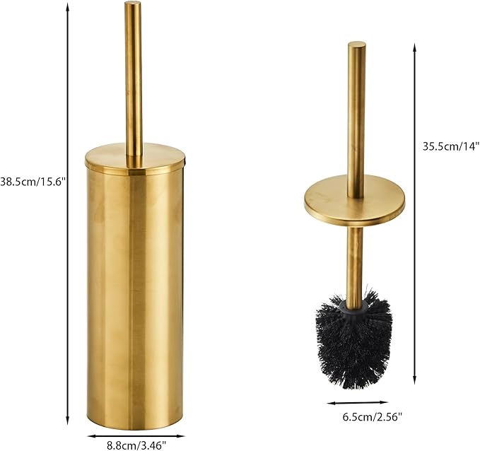 Brushed Gold Toilet Brush and Holder Set - Stainless Steel Toilet Bowl Scrubber with Replaceable Head & Splash Guard