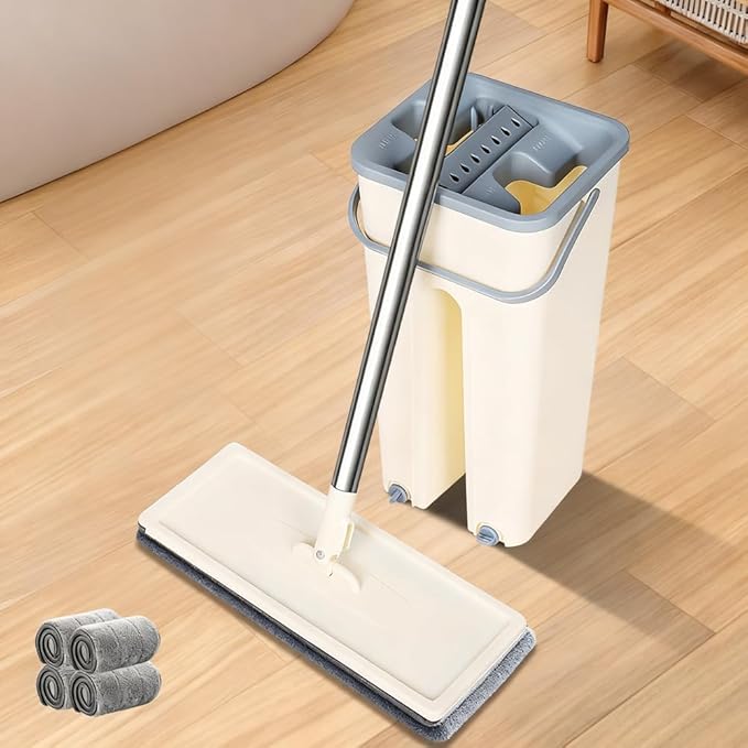 Mop and Bucket with Wringer Set, Hands Free Flat Floor Mop and Bucket, 4 Washable Microfiber Pads Included, Wet and Dry Use, Home Cleaning System for All Floor Types and Windows