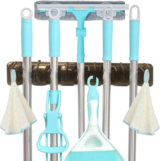 C-CHAIN Mop and Broom Holder, 5 Position with 6 Hooks Garage Storage Holds up to 11 Tools, Multipurpose Wall Mounted Tool Rack Organizer for Kitchen Garage, Shiny Black