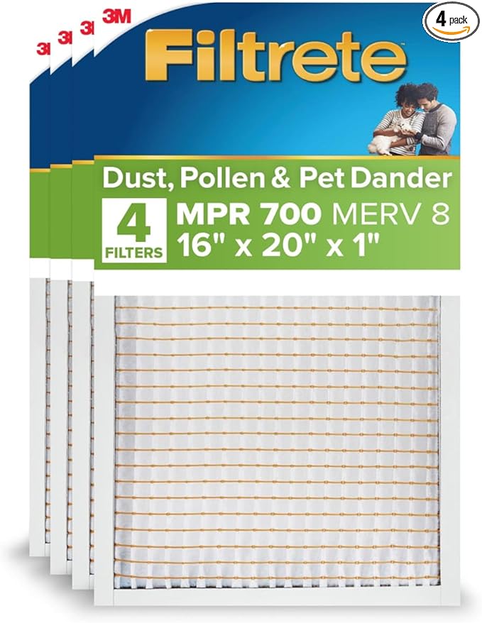 Filtrete 16x20x1 AC Furnace Air Filter, MERV 8, MPR 700, Tough on Pollen, Easy on Airflow, 3-Month Pleated 1-Inch Electrostatic Air Cleaning Filter, 4-Pack (Actual Size 15.688 x 19.688 x 0.78 in)