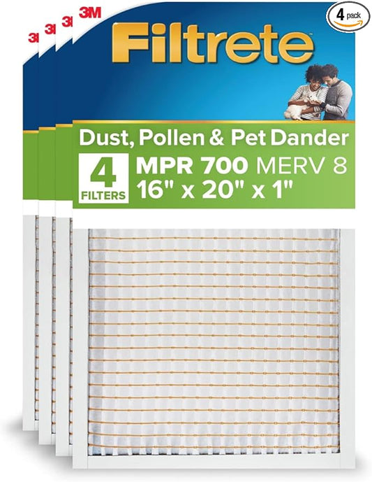Filtrete 16x20x1 AC Furnace Air Filter, MERV 8, MPR 700, Tough on Pollen, Easy on Airflow, 3-Month Pleated 1-Inch Electrostatic Air Cleaning Filter, 4-Pack (Actual Size 15.688 x 19.688 x 0.78 in)