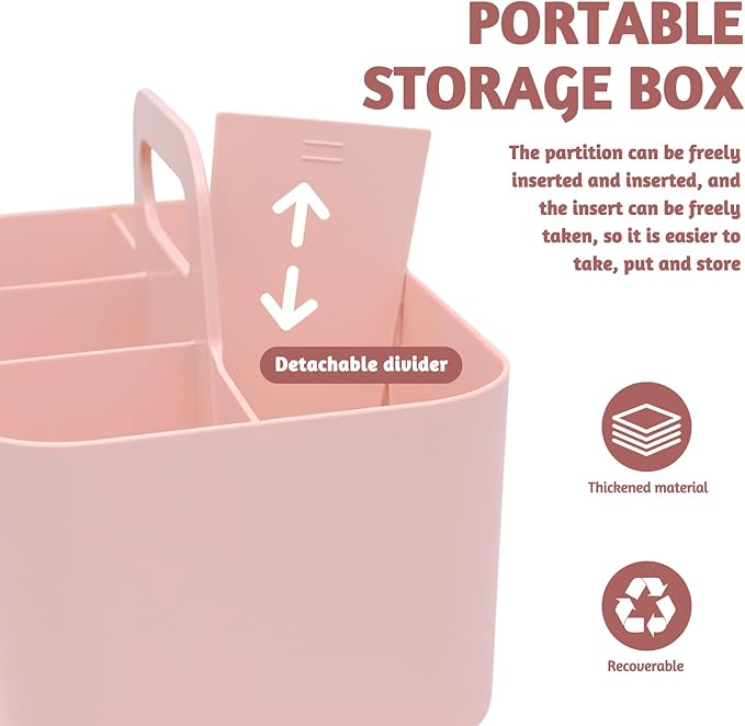 Plastic Portable Caddy with Handle, Pink Bathroom Shower Caddy Organizer, 5 Grid Small Caddies Storage Basket for Makeup, Cleaning, Art Craft, Stationery