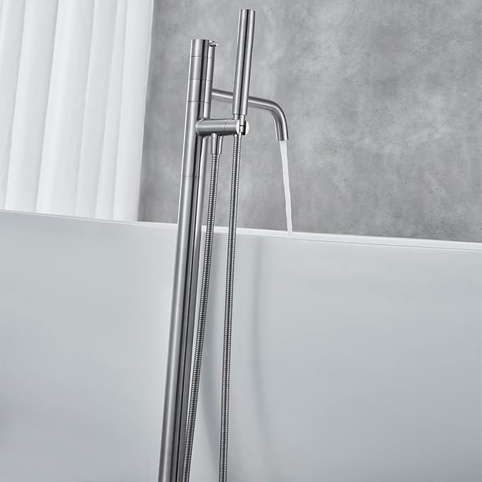 Freestanding Bathtub Faucet Floor Mount Tub Filler Brushed Nickel Brass Single Handle Bathroom Faucets with Hand Shower