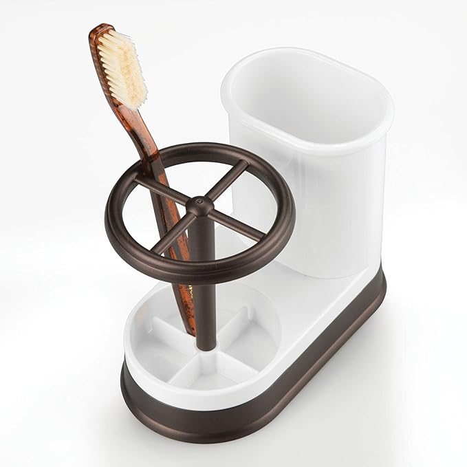 mDesign Decorative Bathroom Dental Storage Organizer Holder Stand for Electric Spin Toothbrush/Toothpaste - Compact Design for Countertop and Vanity, Holds 4 Standard Brushes - White/Bronze