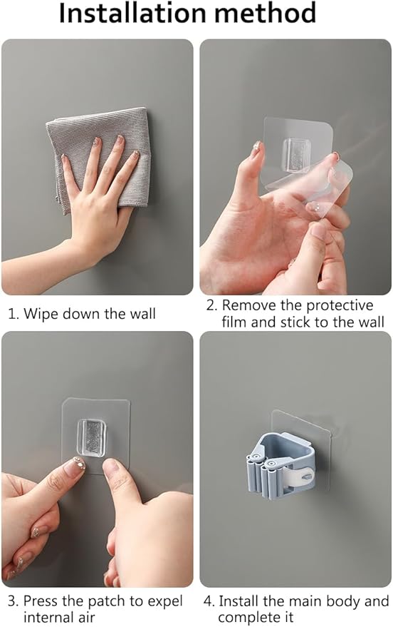 AKOAK Plastic Mop and Broom Holders - Wall Mounted Self-adhesive Broom and Mop Organizer, Wall Storage Organizer, for Home, Kitchen, Bathroom, Garden, Garage Storage, Pack of 4