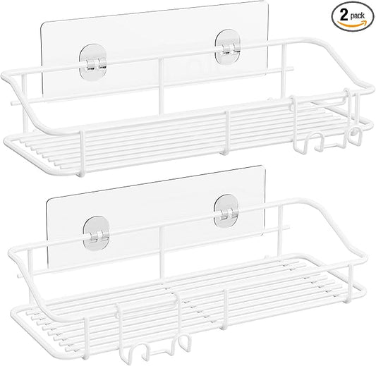 Nieifi Shower Caddy Shelf with Hooks Storage Rack Organizer Adhesive Stainless Steel Without Drilling for Bathroom, Lavatory, Washroom, Restroom, Shower, Toilet, Kitchen - 2 Pack (White)