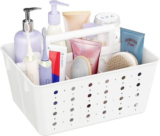 Lifewit Shower Caddy Portable, Plastic Bathroom Organizer with Handle and Holes, Hard Cleaning Basket for Toiletry Storage, College Dorm Essentials, White, 1 Pack