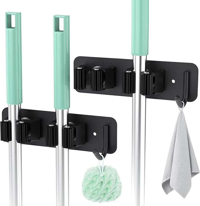 Wall Mounted Mop Holder Stainless Steel Mop and Broom Holder Self Free Brush Holder with Hanger Hook Kitchen Tool Mop Hanger Hook Adjustable Mop Holder Stainless Steel Hooks