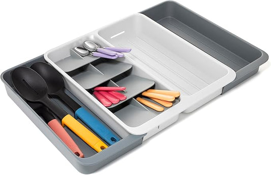 Joseph Joseph DrawerStore Expanding Tiered Flatware Cutlery, Utensil, and Gadget Tray, Expandable In-Drawer Kitchen Space-Saving Organizer, Recycled Plastic