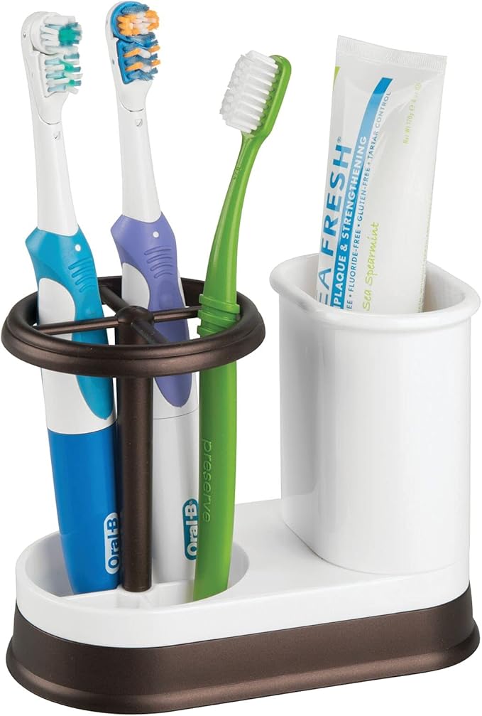 mDesign Decorative Bathroom Dental Storage Organizer Holder Stand for Electric Spin Toothbrush/Toothpaste - Compact Design for Countertop and Vanity, Holds 4 Standard Brushes - White/Bronze