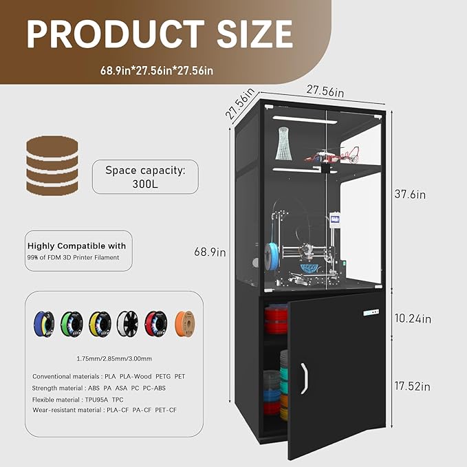 400L 3D Printer Cabinet with Filament Storage, Built-in Dehumidifier & Ventilation System – Humidity Control for Filaments，Odor-Free Workspace, and LED Showcase(400LBlack)