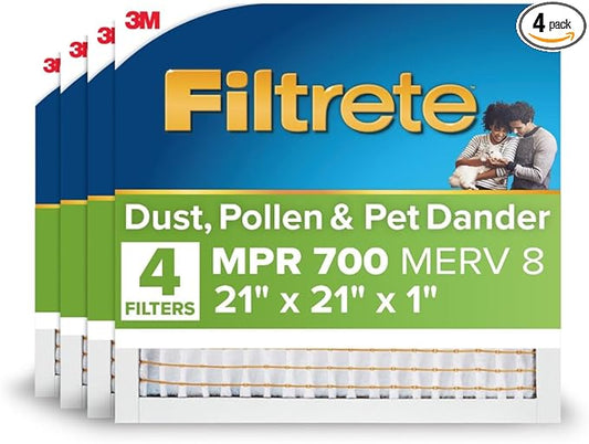 Filtrete 21x21x1 AC Furnace Air Filter, MPR 700, MERV 8, Tough on Pollen, Easy on Airflow, 3-Month Pleated 1-Inch Electrostatic Air Cleaning Filter, 4-Pack (Actual Size 20.81 x 20.81 x 0.81 in)