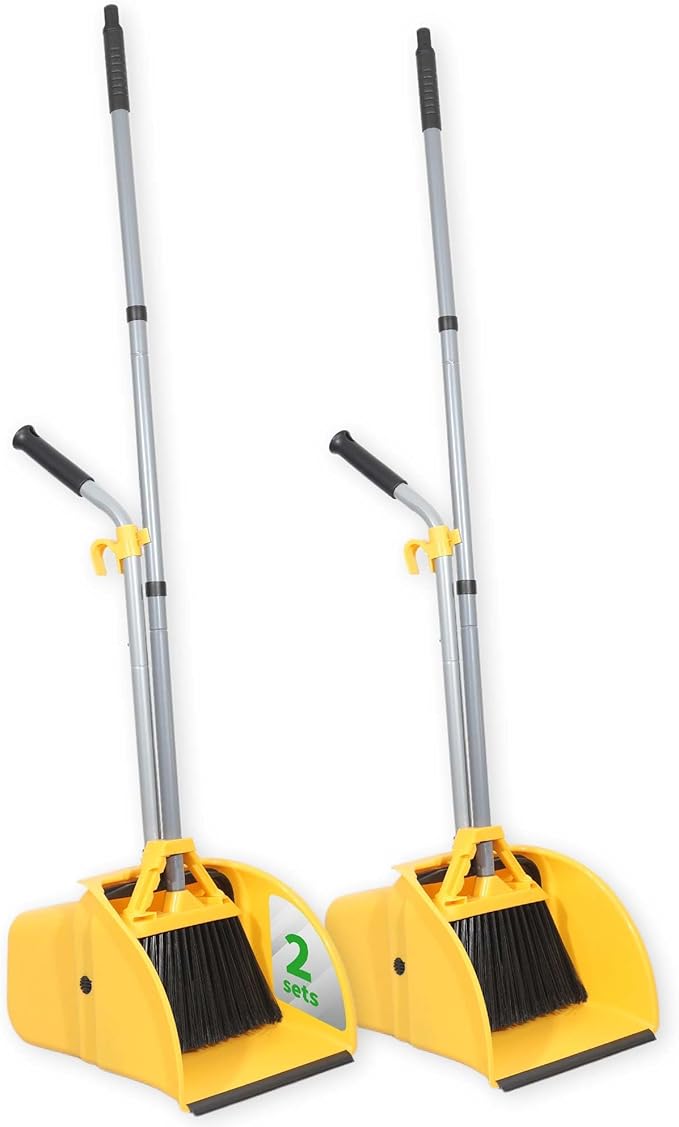 Commercial Broom and Dustpan Set Debris Dustpan with Handle,Jumbo Debris Pan, Trash Collection for Industrial/Professional Cleaning,2Sets, Yellow,Extra Big Size