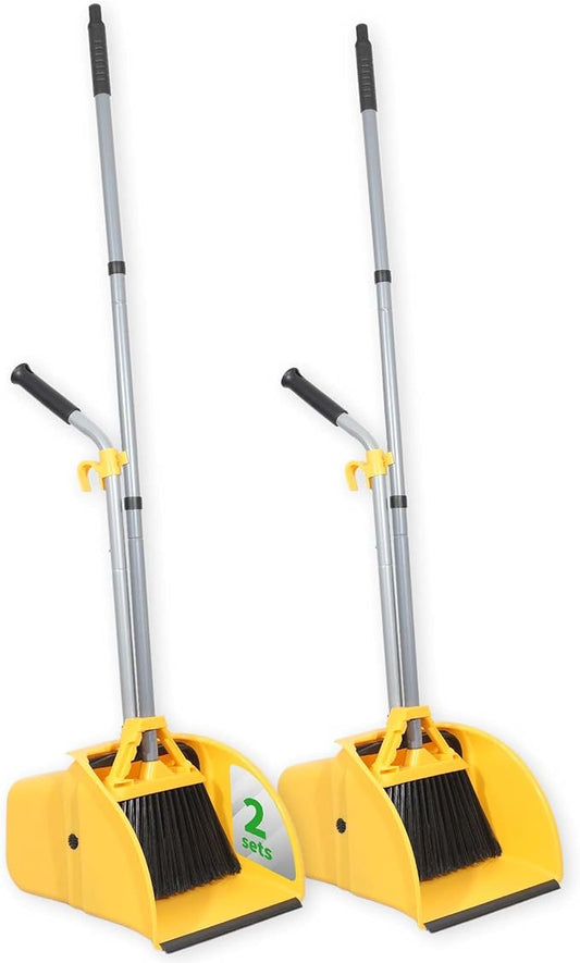 Commercial Broom and Dustpan Set Debris Dustpan with Handle,Jumbo Debris Pan, Trash Collection for Industrial/Professional Cleaning,2Sets, Yellow,Extra Big Size