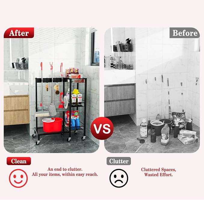 Broom and Mop Holder with Wheels, Large Capicity Cleaning Supplies Organizer with 3-tier Storage Shelf, Cleaning Rack with Hanger Grippers Hooks, Narrow Housekeeping Rack for Laundry Room Garage