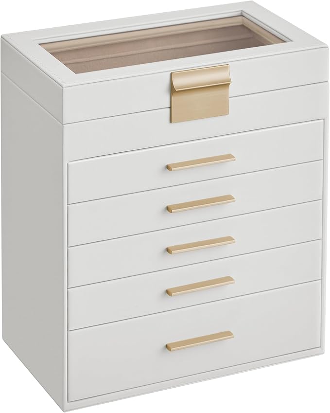 SONGMICS GISELLA Collection - Jewelry Box Organizer, 6-Layer Jewelry Storage with 5 Drawers, Shiny Metal Hardware, Glass Lid, Modern, 6.4 x 9.9 x 11.4 Inches, Cloud White and Gold Color UJBC171W01