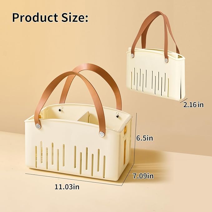 Portable Shower Caddy,Foldable Shower Caddy with Handle and Adjustable Divider,Plastic Shower Storage Basket,Quick Dry Bathroom Shower Organizer Bin for College,Dorm Room,Travel Essentials(Cream)