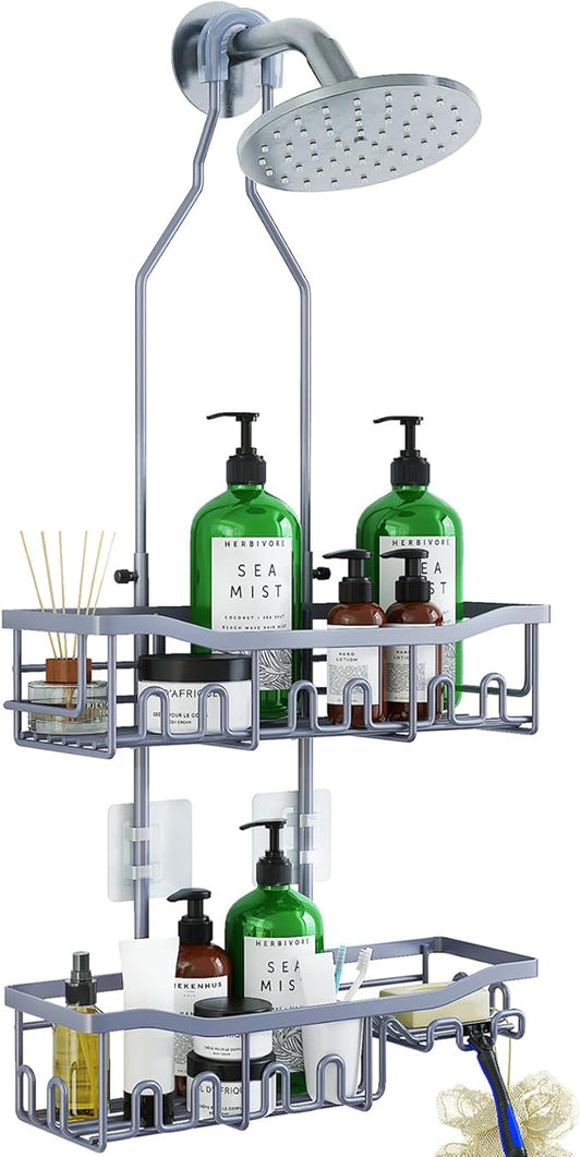 Shower Caddy, Upgraded Extended Length Shower Caddy Over Showerhead No Blocking to Showerhead, Rustproof Bathroom Organizers and Storage with Hooks Shampoo Soap Holder, Large Hanging Caddy