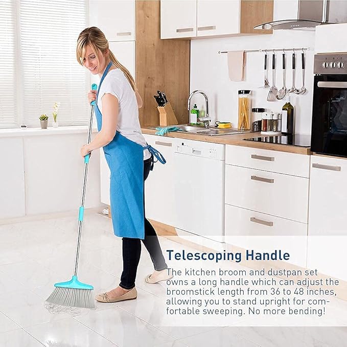 FGY Broom and Dustpan Set 48" Long Handle Broom and Collapsible Dust Pan Combo for Home Office Kitchen (Blue)