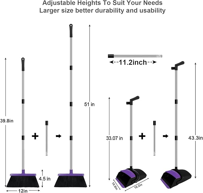 Broom and Dustpan Set, Upright Purple Broom with Dustpan Combo Set 51" Long Handle, Self Cleaning Dust Pan for Home, Kitchen and Office