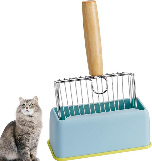 Metal Cat Litter Scoop Kitty Metal Scooper with Hook and Hole, Heavy Duty Stainless Steel Shovel with Wooden Stainless Steel Kitten Poop Lifter for Litter Box(Gray)
