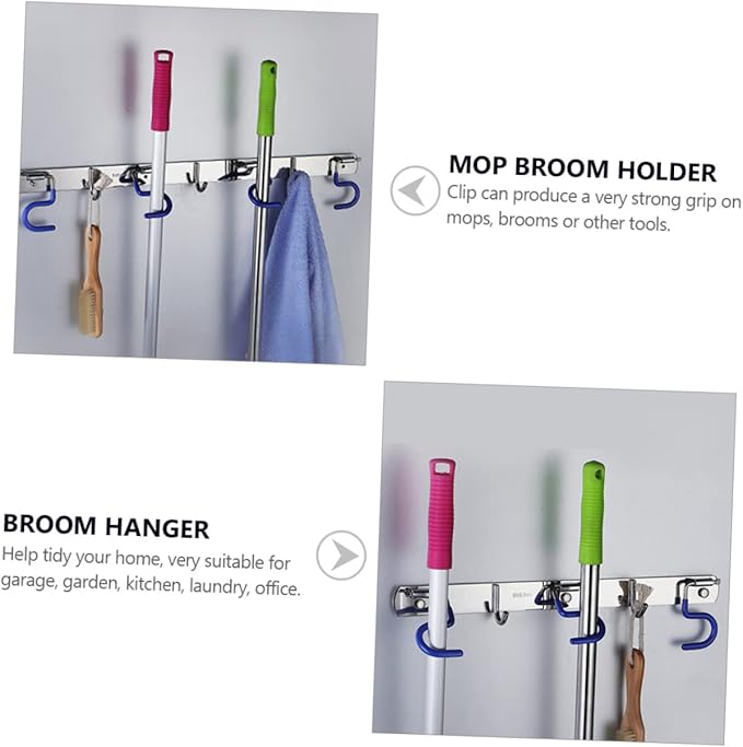 304 Stainless Steel Mop Broom Holder Wall-Mounted Organizer Hooks Heavy Duty Mop Hanger for Kitchen and Bathroom Easy Installation No Drill Required