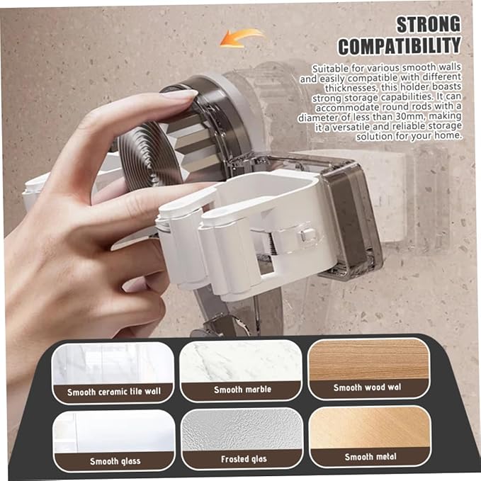 Broom and Mop Holder Wall Mount 2PCS Suction Cup Organizer with Retractable Rack No Drill Bathroom Storage Transparent Grey