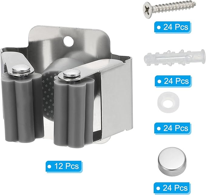 PATIKIL Broom and Mop Holder, 12 Pack Wall Mounted Stainless Steel Mop Hanger Heavy Garden Tool Organizer Rack Hanging Clips with Screws for Home Garage, Grey