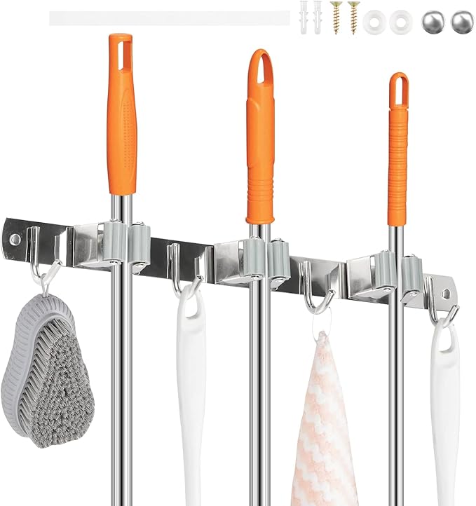 1Pcs 3 Racks 4 Hooks Stainless Steel Broom Mop Holder Anti Slip Wall Mount Broom Storage Rack Strong Load Bearing Waterproof Mop Organizer for Bathroom Kitchen Garage