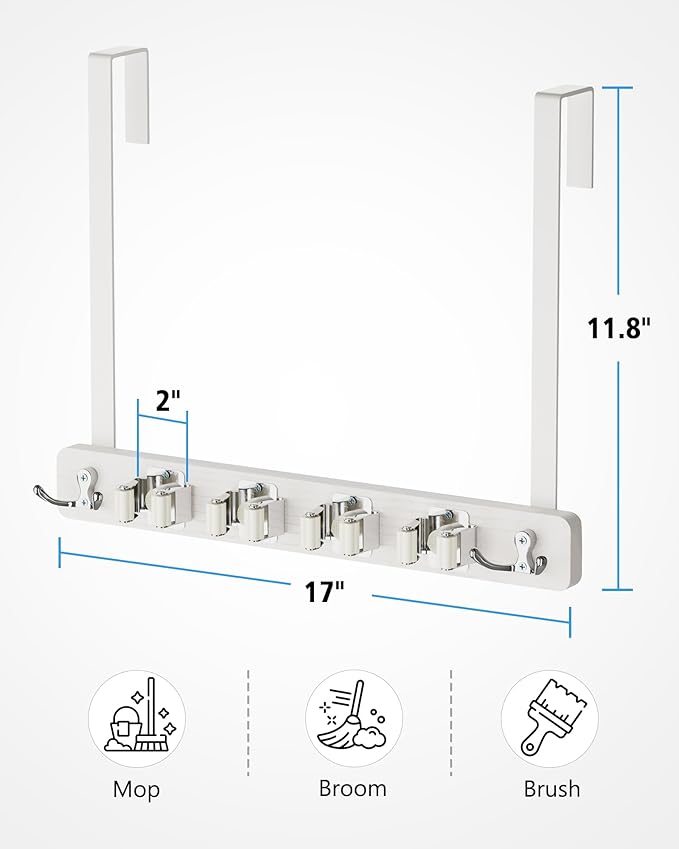 Over the Door Broom Holder, Mop and Broom Holder Door Mount, Hanging Organizer with 4 Racks & 2 Hooks, Wooden Hanger Storage Decor, Laundry Tool Organizer for Closet Garage, No Drills