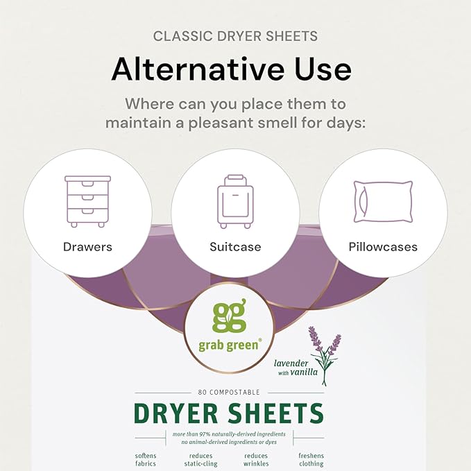 Grab Green Dryer Sheets, 160 Sheets, Lavender Vanilla Scent, Plant Based, Softens Fabrics, Reduces Static Cling and Wrinkles